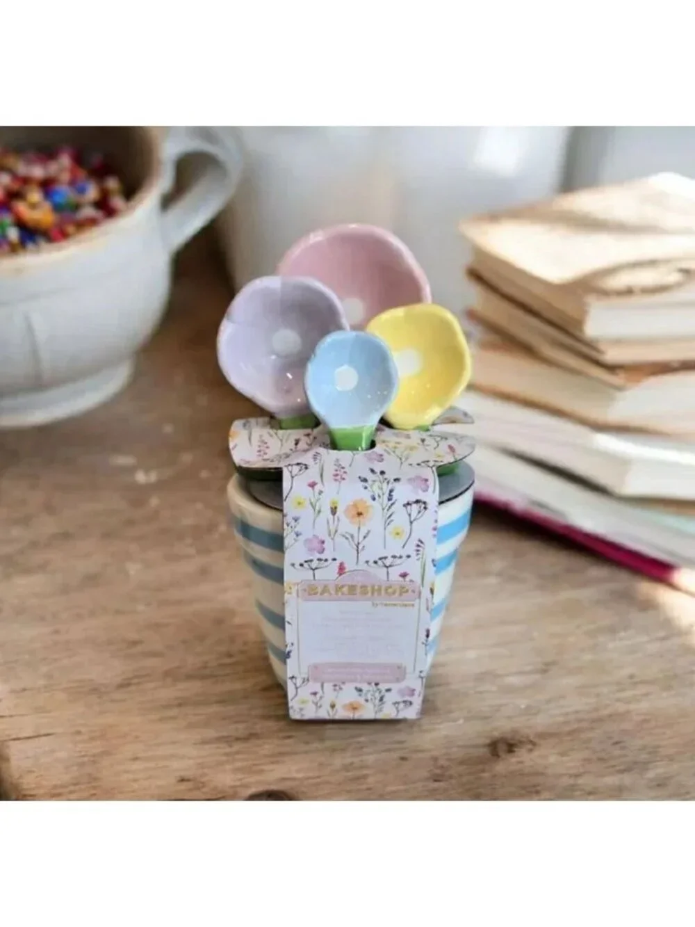 New 4Pcs Flower Measuring Spoons Set in Pot Cute Ceramic Measuring Spoons